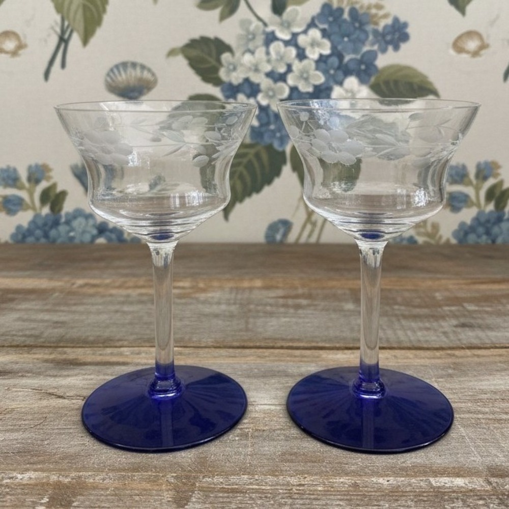 Weston Glass Style Wine Glasses, Set‎ of 2, Vintage Cobalt Blue Etched Stemware